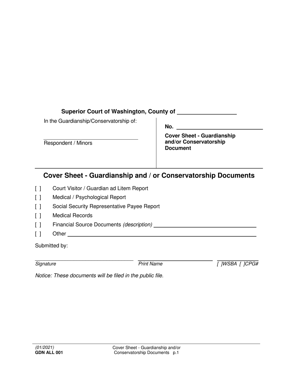 Form GDN ALL001 Cover Sheet - Guardianship and / or Conservatorship Documents - Washington, Page 1