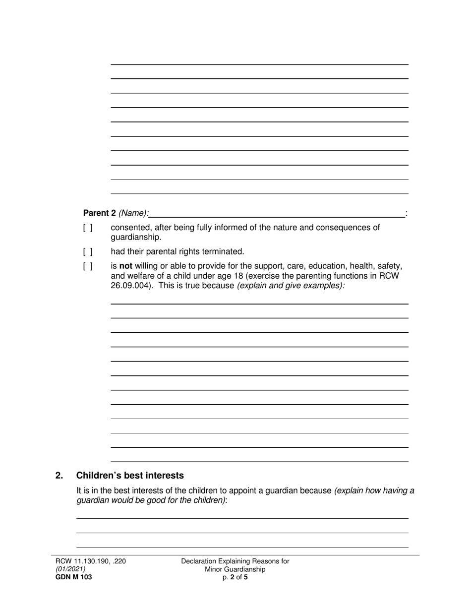 Form GDN M103 Declaration Explaining Reasons for Minor Guardianship - Washington, Page 2