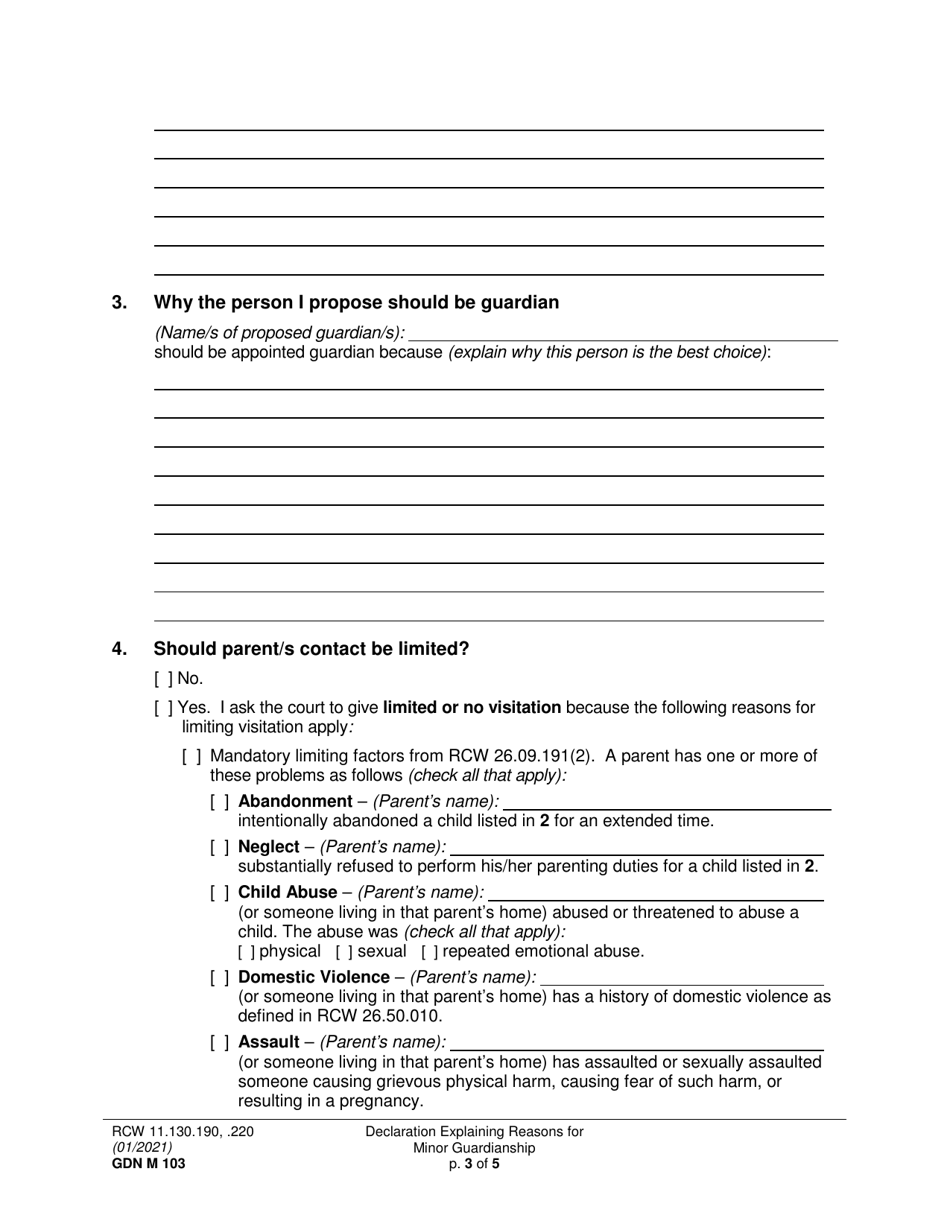 Form GDN M103 Declaration Explaining Reasons for Minor Guardianship - Washington, Page 3