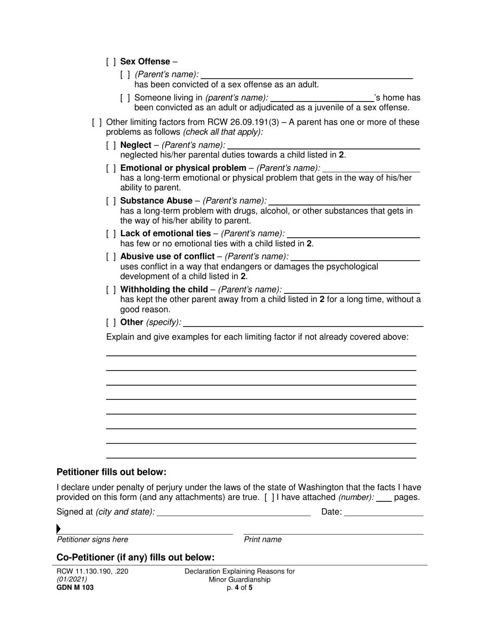 Form GDN M103 Declaration Explaining Reasons for Minor Guardianship - Washington, Page 4
