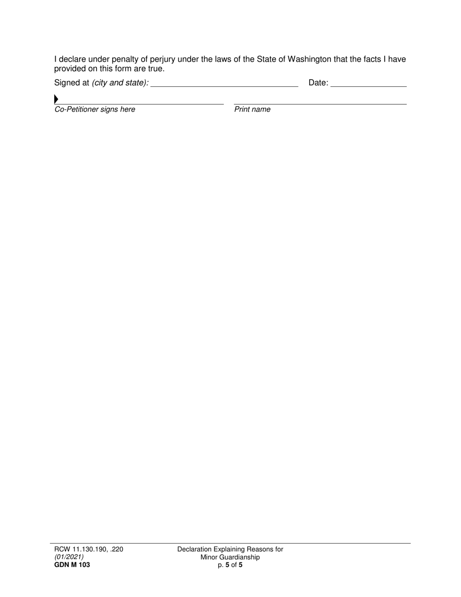 Form GDN M103 Declaration Explaining Reasons for Minor Guardianship - Washington, Page 5