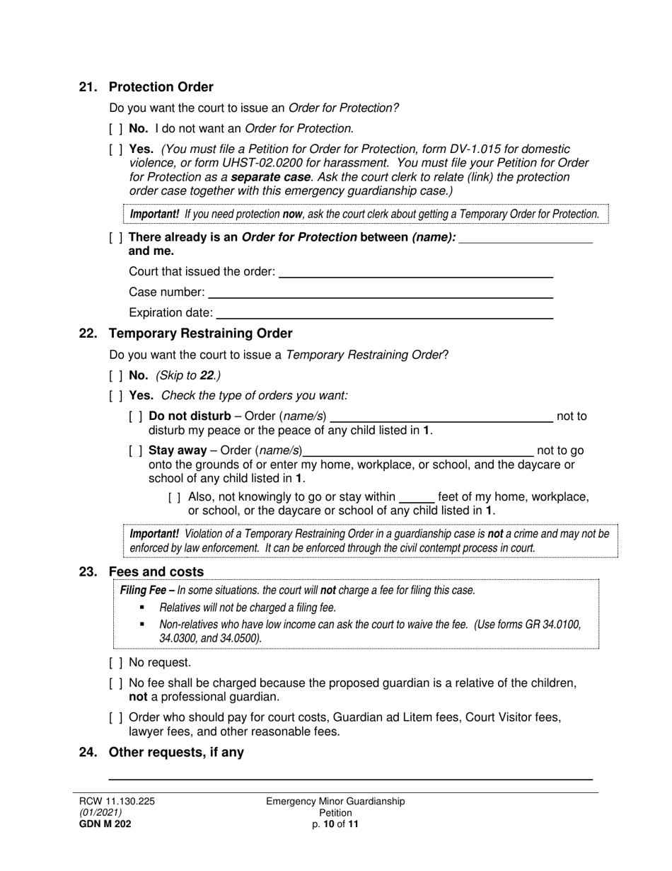 Form GDN M202 Emergency Minor Guardianship Petition - Washington, Page 10