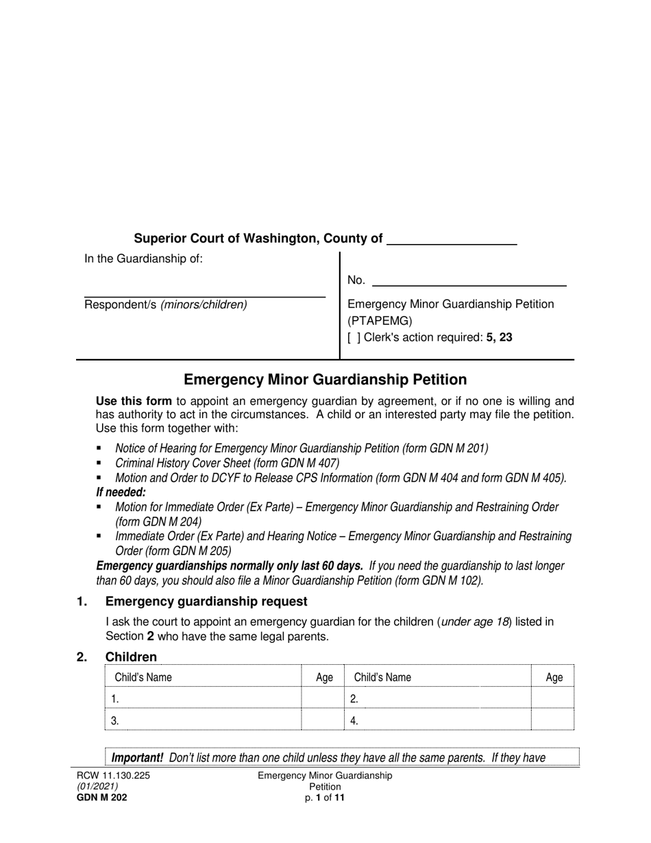 Form GDN M202 Emergency Minor Guardianship Petition - Washington, Page 1