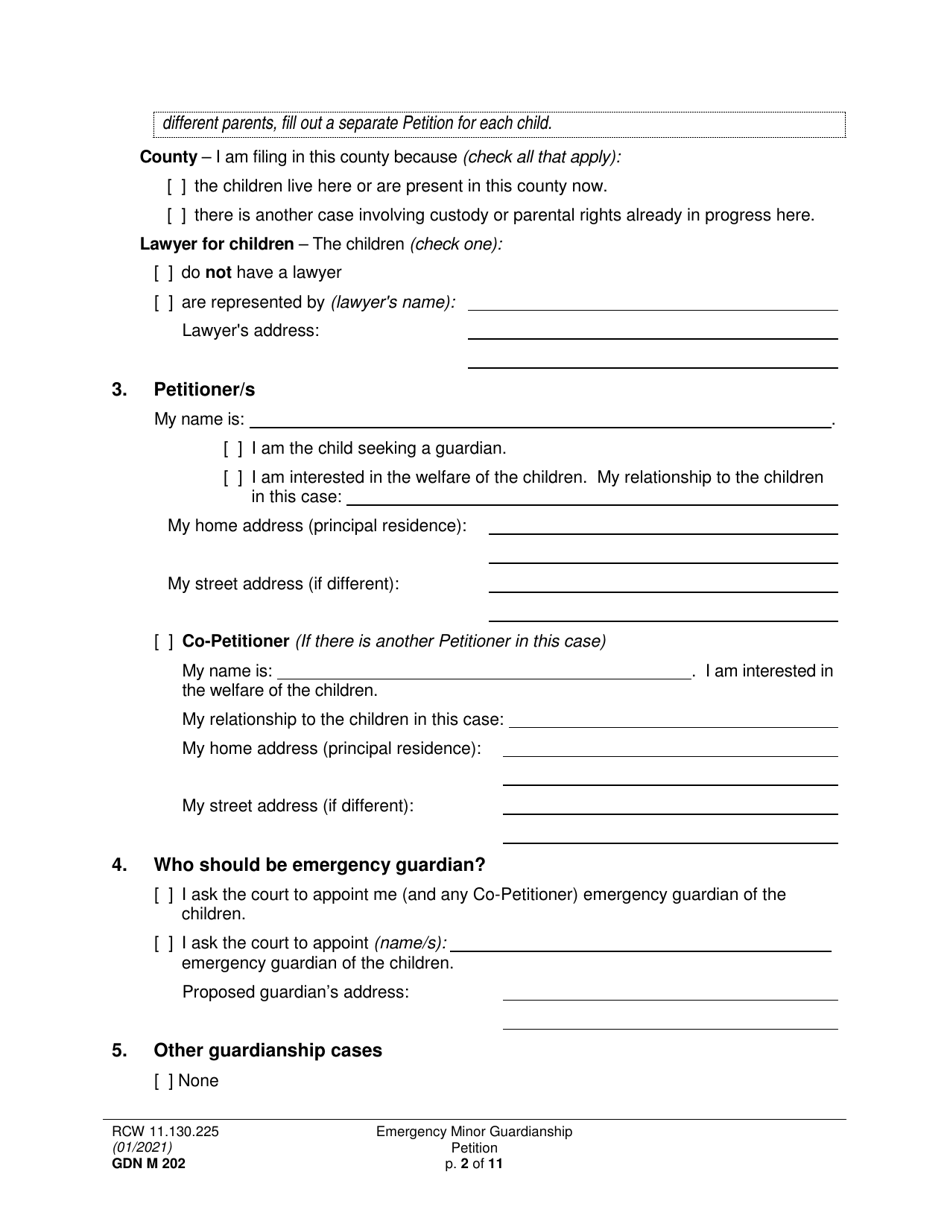 Form GDN M202 Emergency Minor Guardianship Petition - Washington, Page 2