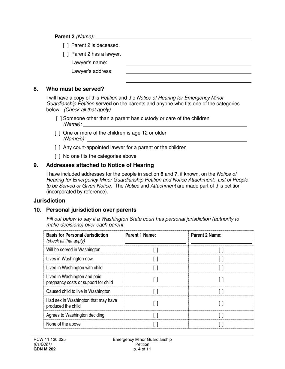 Form GDN M202 Emergency Minor Guardianship Petition - Washington, Page 4