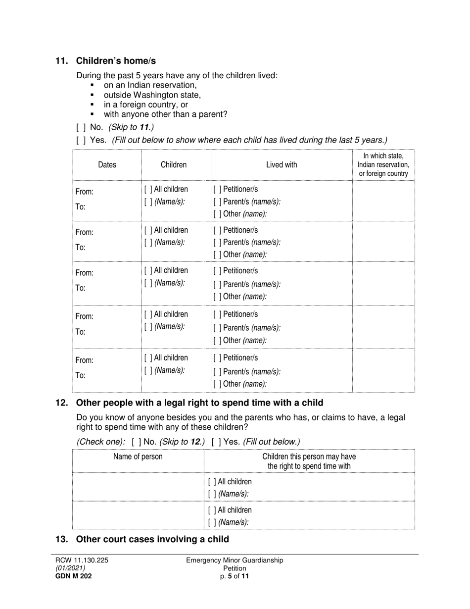 Form GDN M202 Emergency Minor Guardianship Petition - Washington, Page 5