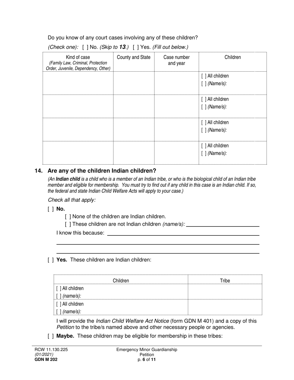 Form GDN M202 Emergency Minor Guardianship Petition - Washington, Page 6
