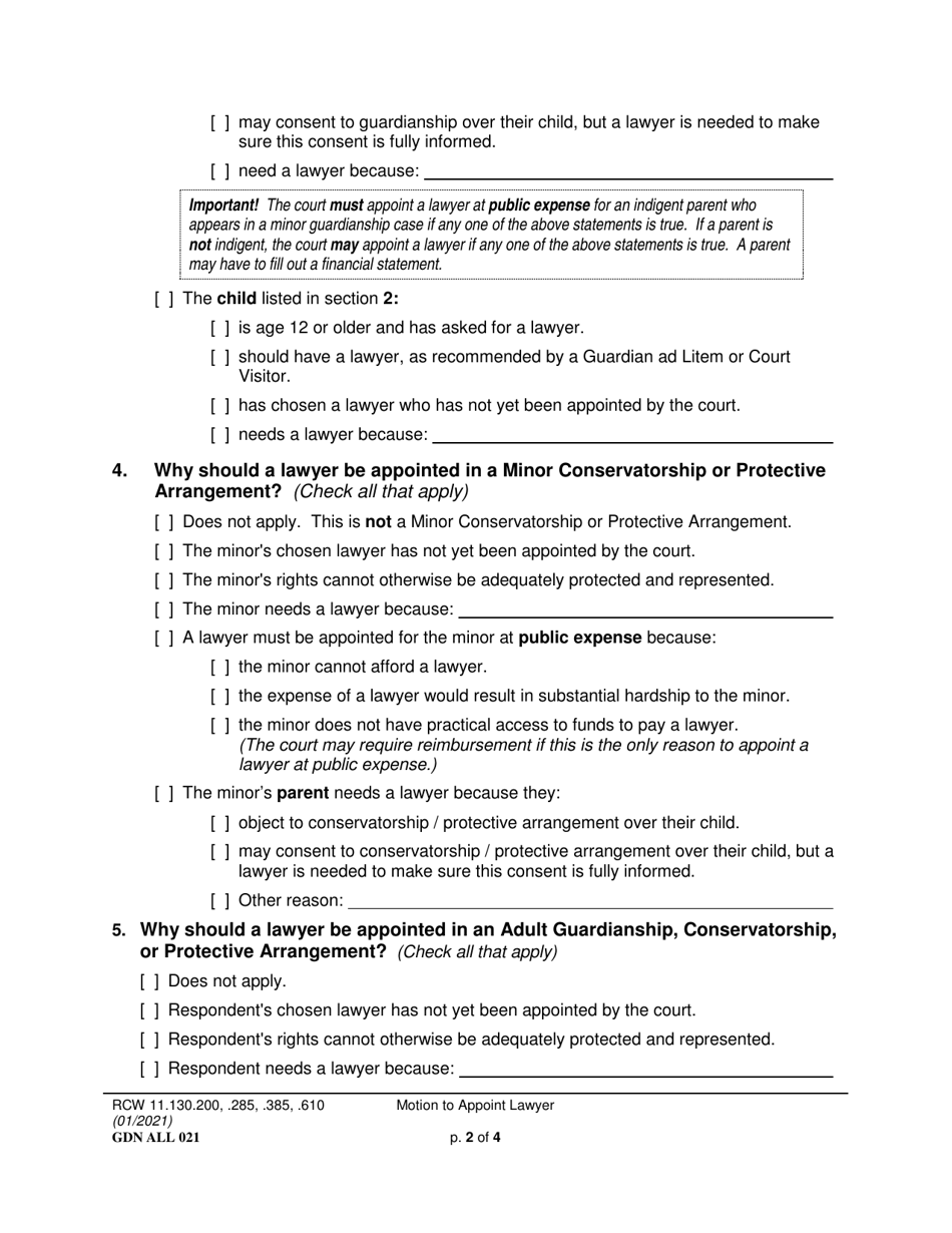 Form GDN ALL021 Motion to Appoint Lawyer - Washington, Page 2
