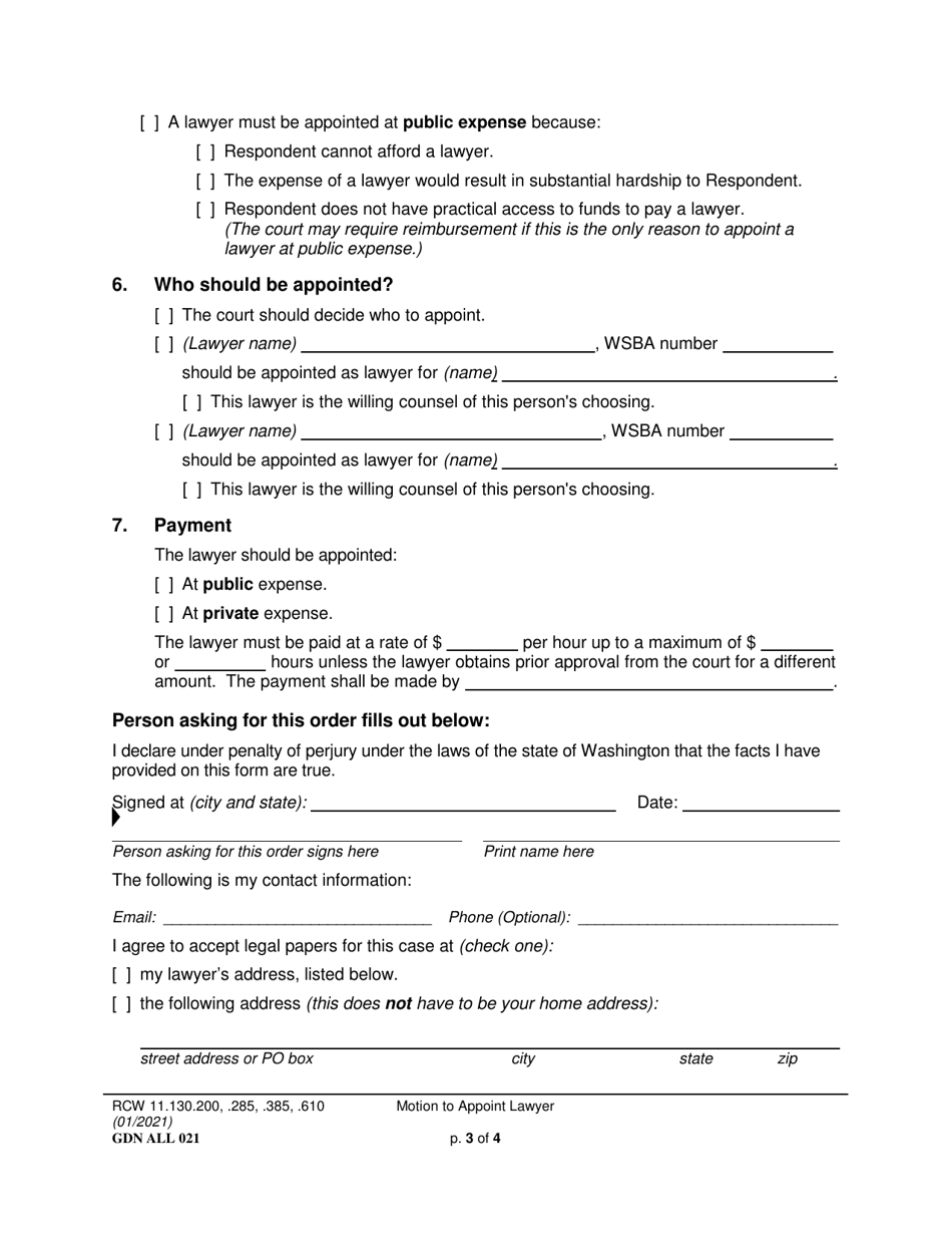 Form GDN ALL021 Motion to Appoint Lawyer - Washington, Page 3