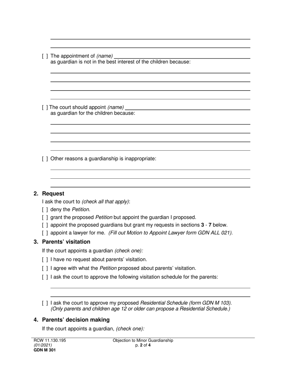Form GDN M301 Objection to Minor Guardianship - Washington, Page 2