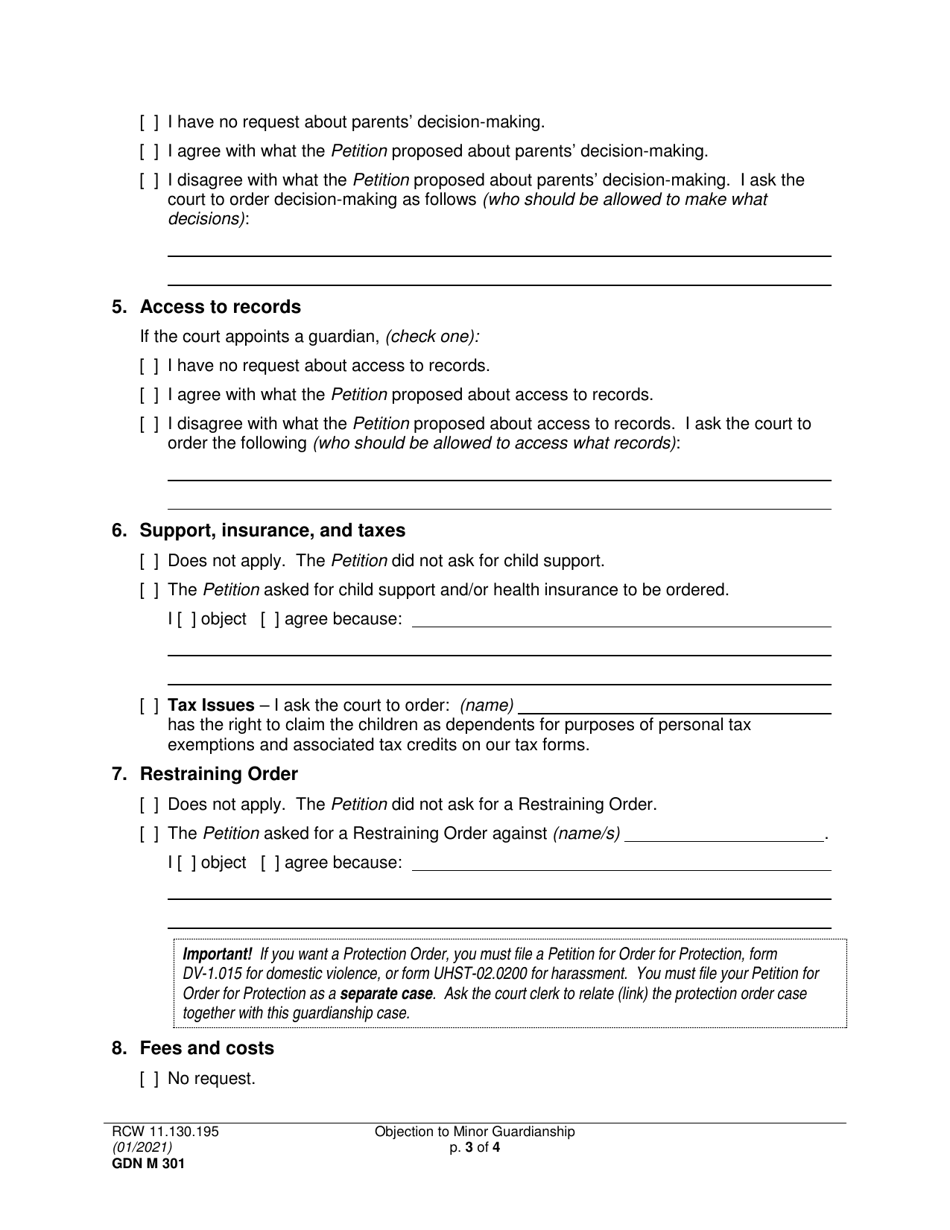 Form GDN M301 Objection to Minor Guardianship - Washington, Page 3