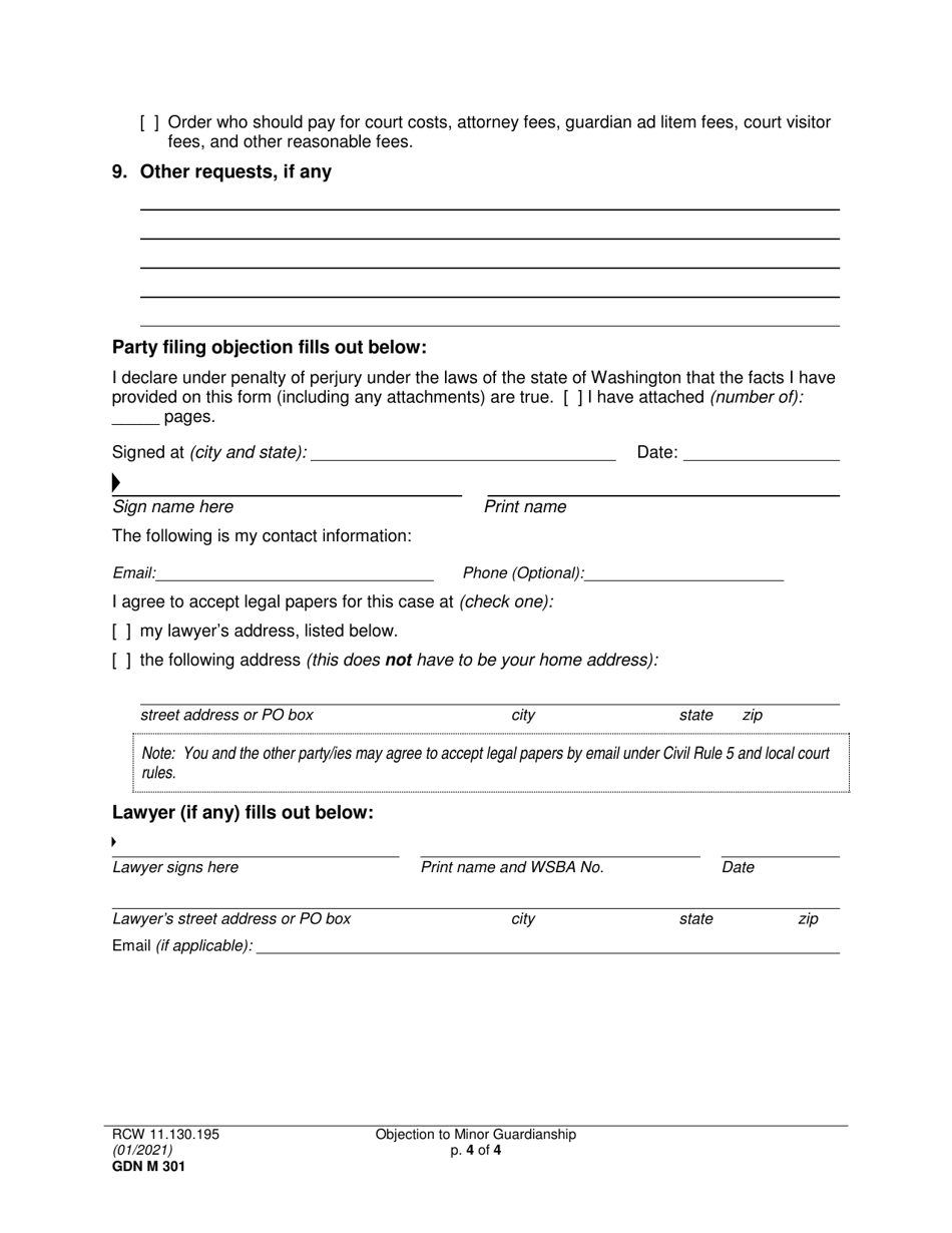 Form GDN M301 Objection to Minor Guardianship - Washington, Page 4