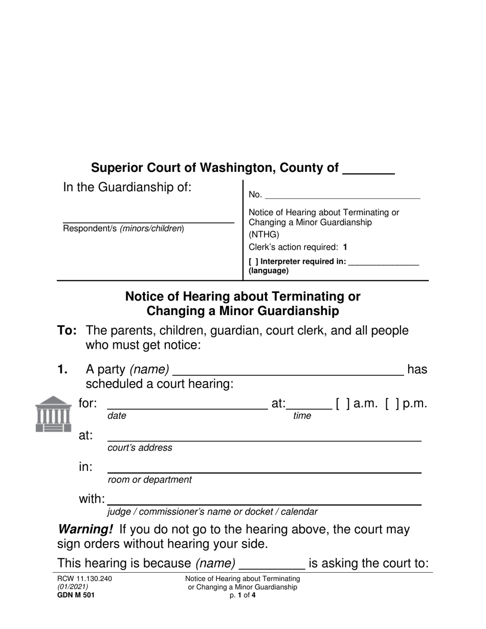 Form GDN M501 Notice of Hearing About Terminating or Changing a Minor Guardianship - Washington, Page 1