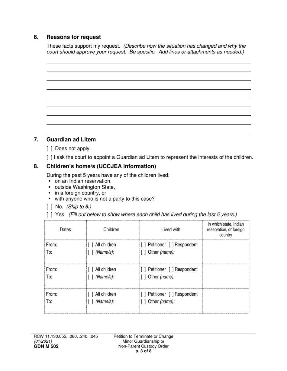 Form GDN M502 Petition to Terminate or Change Minor Guardianship or Non-parent Custody Order - Washington, Page 3