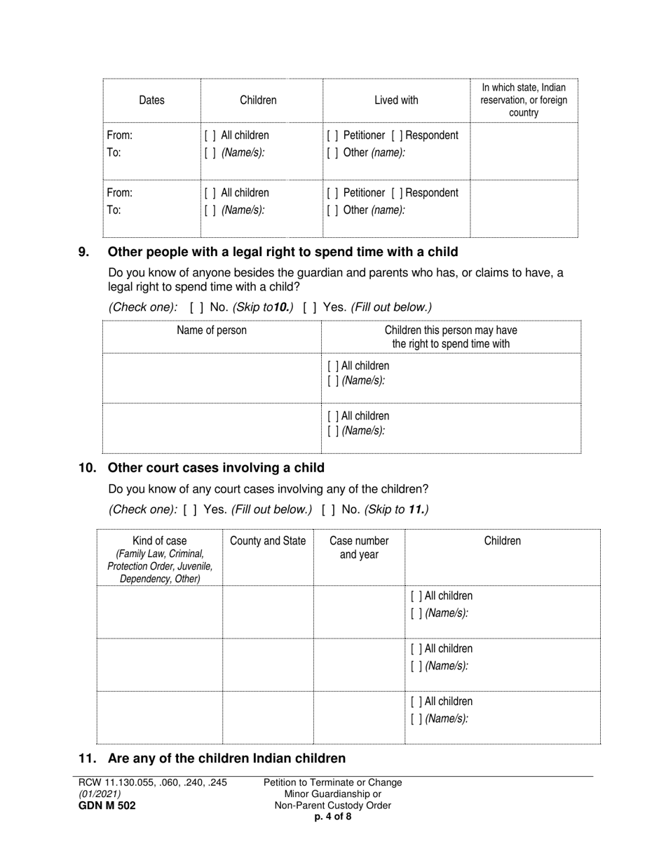 Form GDN M502 Petition to Terminate or Change Minor Guardianship or Non-parent Custody Order - Washington, Page 4
