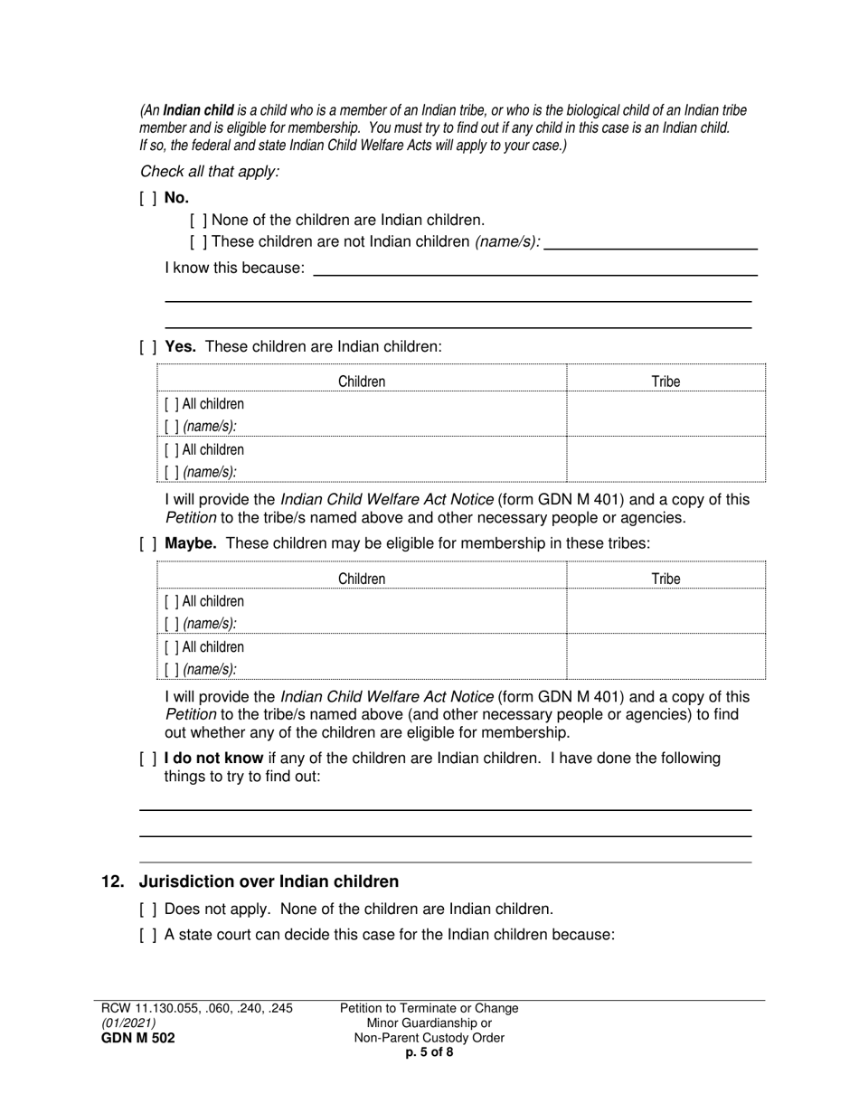 Form GDN M502 Petition to Terminate or Change Minor Guardianship or Non-parent Custody Order - Washington, Page 5