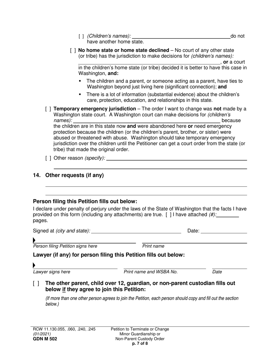 Form GDN M502 Petition to Terminate or Change Minor Guardianship or Non-parent Custody Order - Washington, Page 7