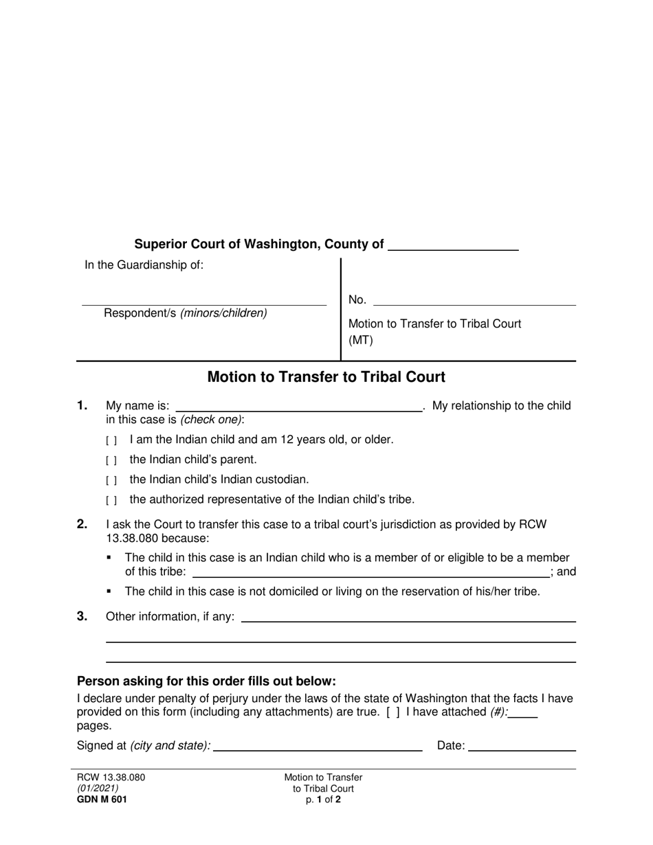 Form GDN M601 Motion to Transfer to Tribal Court - Washington, Page 1
