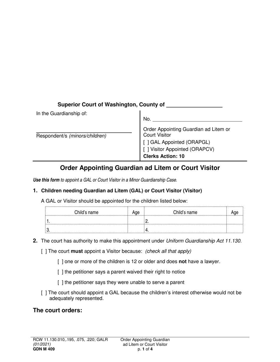 Form GDN M409 Order Appointing Guardian Ad Litem or Court Visitor - Washington, Page 1