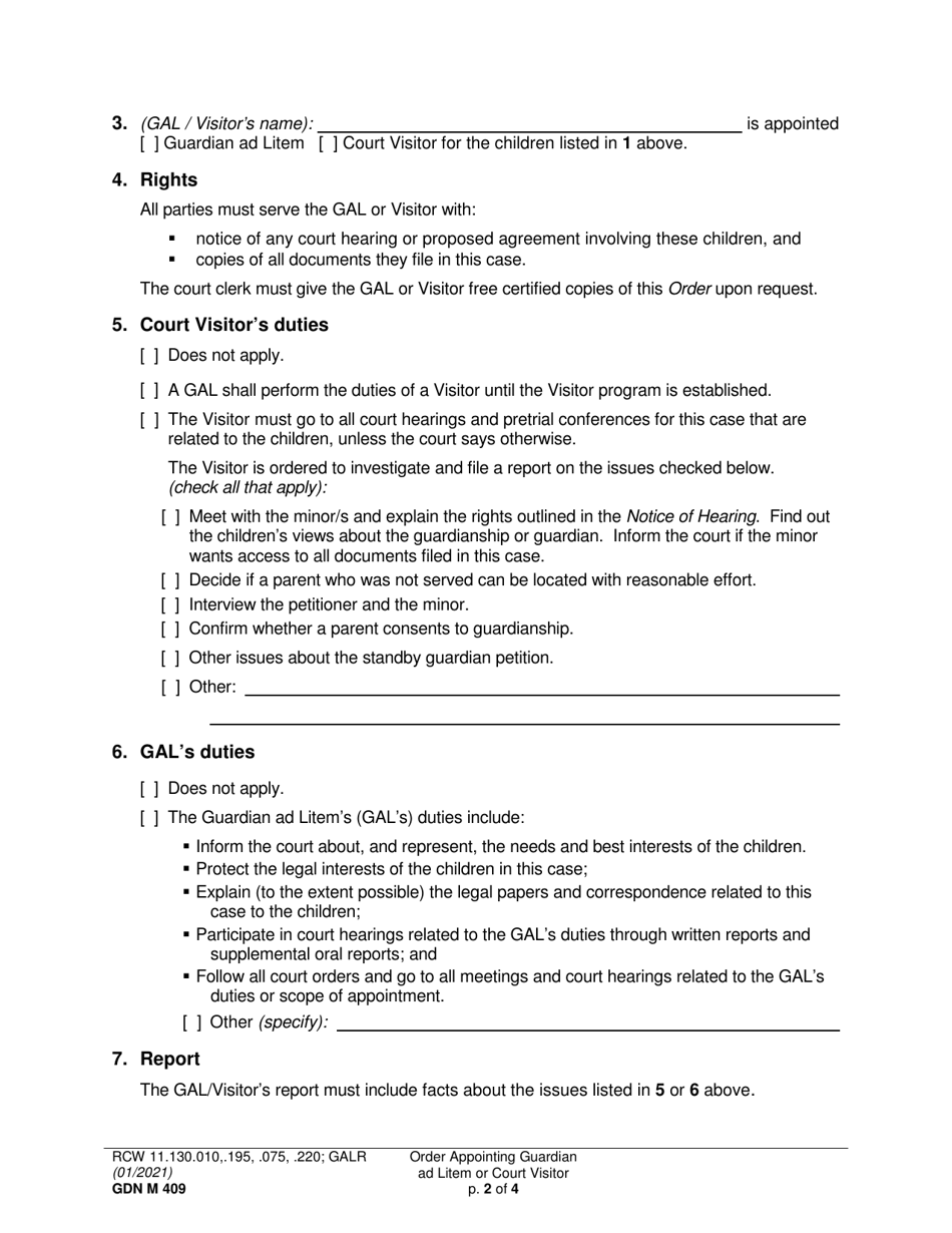 Form GDN M409 Order Appointing Guardian Ad Litem or Court Visitor - Washington, Page 2