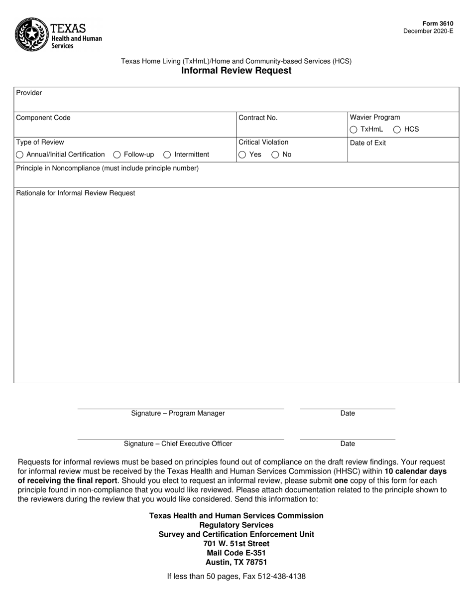 Form 3610 Informal Review Request - Texas, Page 1
