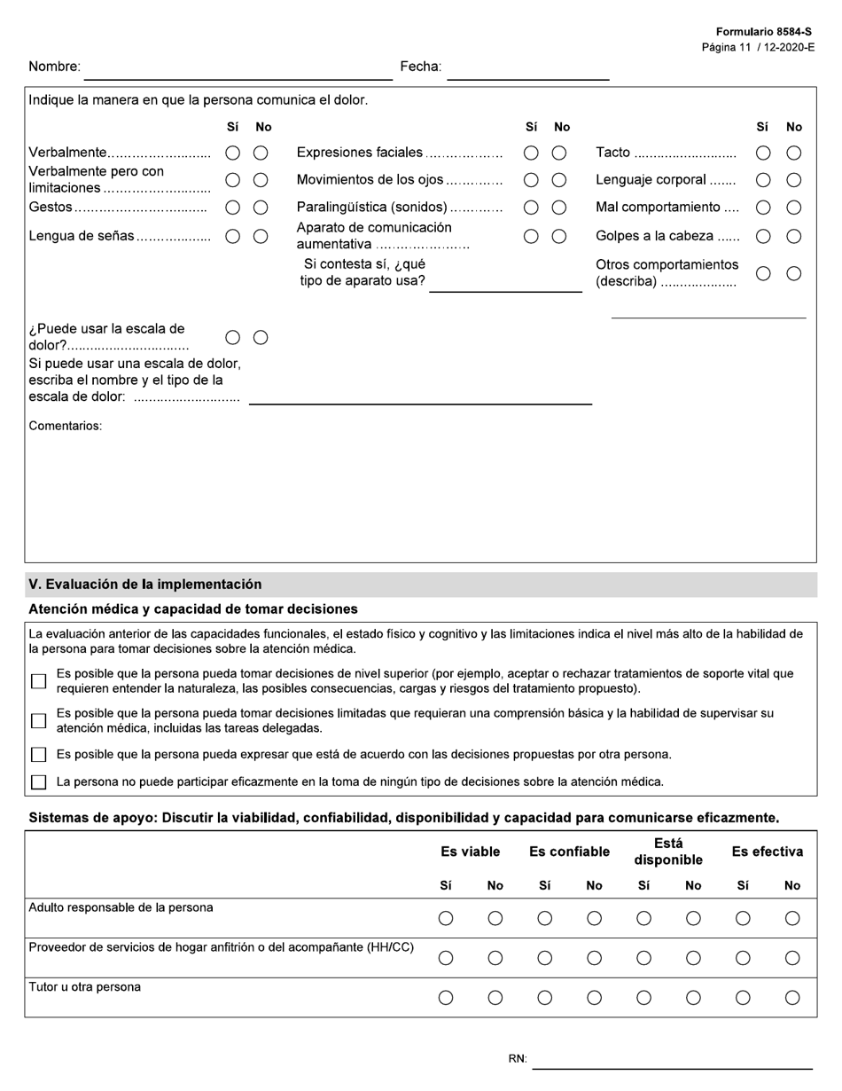 Formulario 8584-S Valoracion Integral De Enfermeria - Texas (Spanish), Page 11
