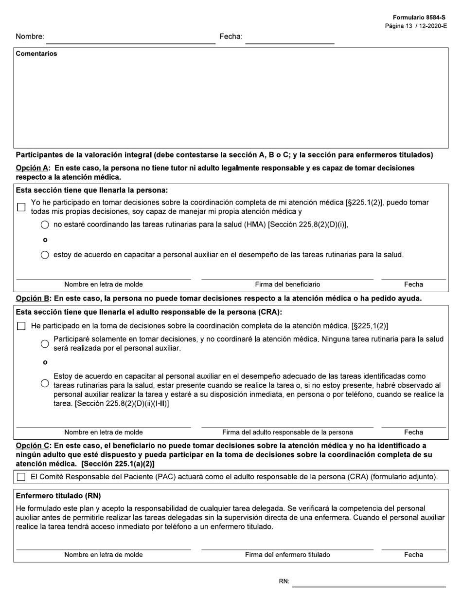 Formulario 8584-S Valoracion Integral De Enfermeria - Texas (Spanish), Page 13