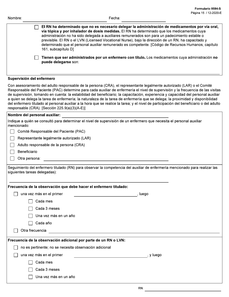 Formulario 8584-S Valoracion Integral De Enfermeria - Texas (Spanish), Page 15
