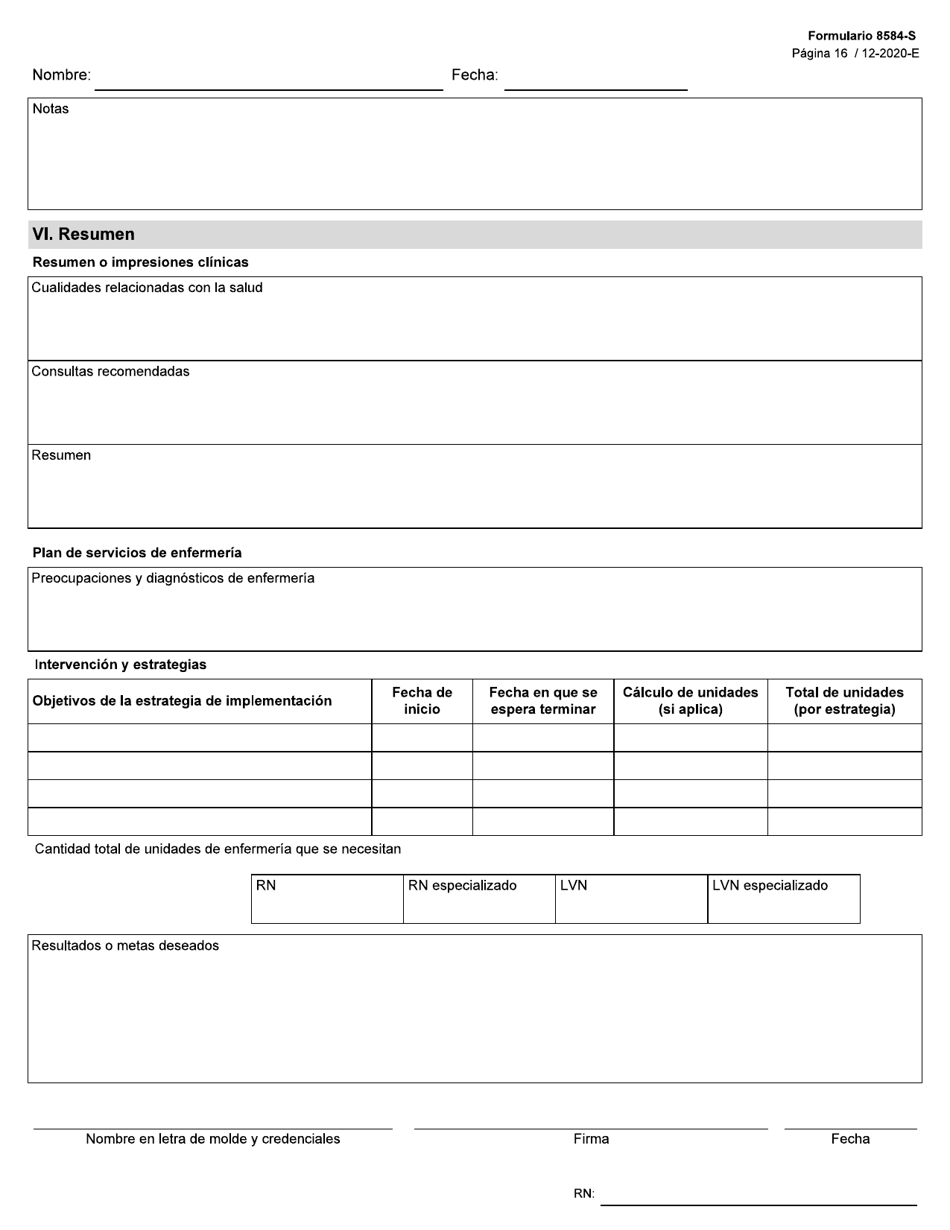 Formulario 8584-S Valoracion Integral De Enfermeria - Texas (Spanish), Page 16