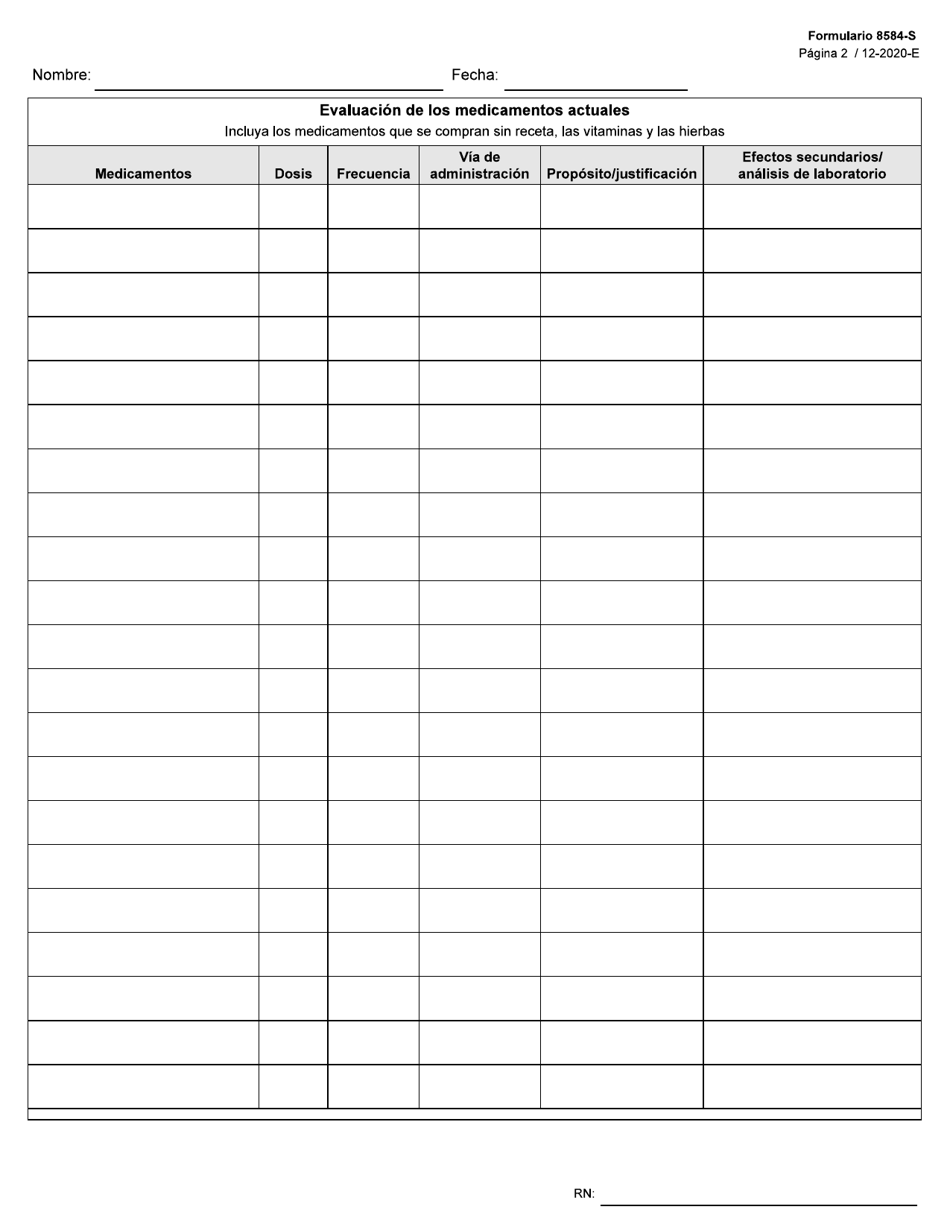 Formulario 8584-S Valoracion Integral De Enfermeria - Texas (Spanish), Page 2