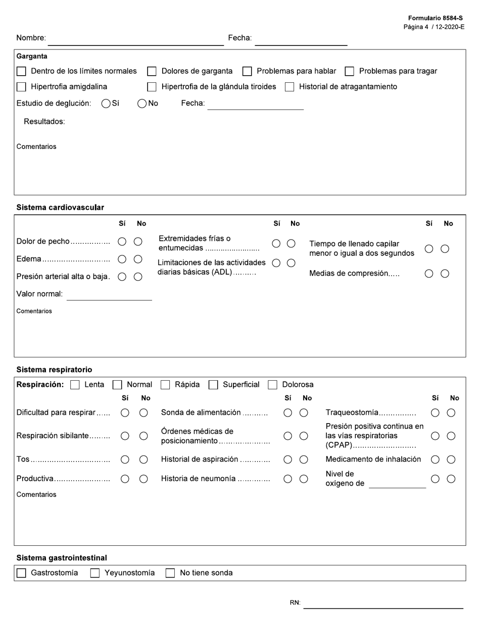 Formulario 8584-S Valoracion Integral De Enfermeria - Texas (Spanish), Page 4