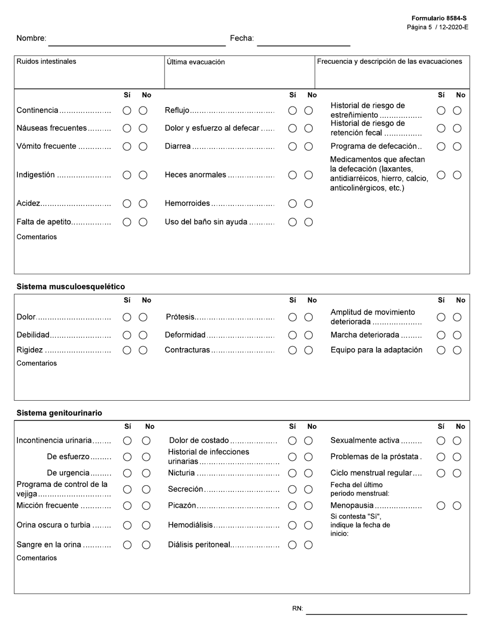 Formulario 8584-S Valoracion Integral De Enfermeria - Texas (Spanish), Page 5