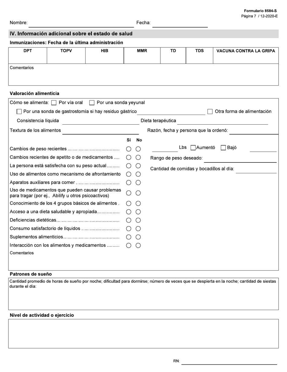Formulario 8584-S Valoracion Integral De Enfermeria - Texas (Spanish), Page 7