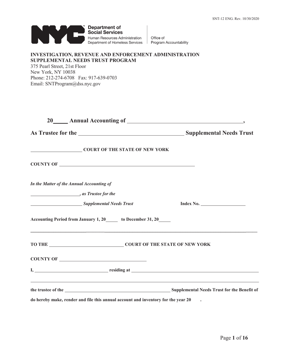 Form SNT-12 Supplemental Needs Trust Accounting - New York City, Page 1