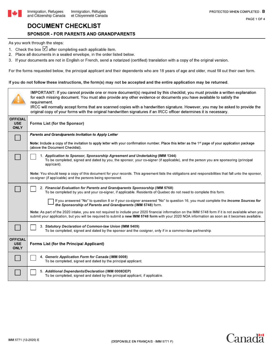 Form IMM5771 Document Checklist - Sponsor - for Parents and Grandparents - Canada, Page 1