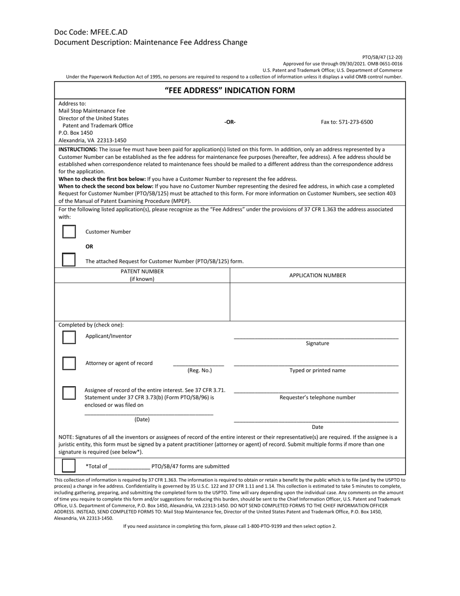 Form PTO / SB / 47 fee Address Indication Form, Page 1