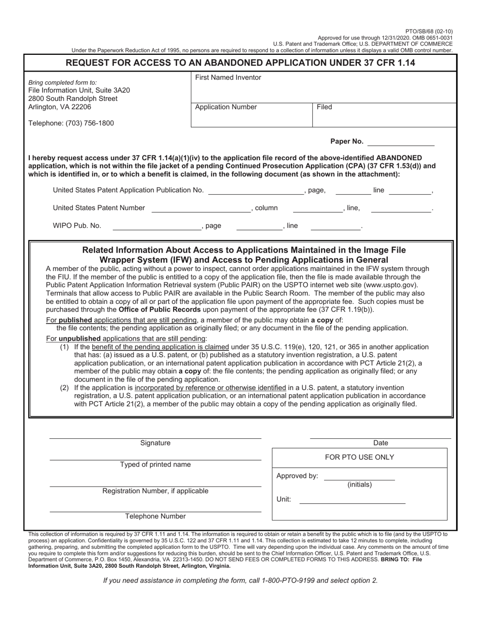 Form PTO / SB / 68 Request for Access to an Abandoned Application Under 37 Cfr 1.14, Page 1