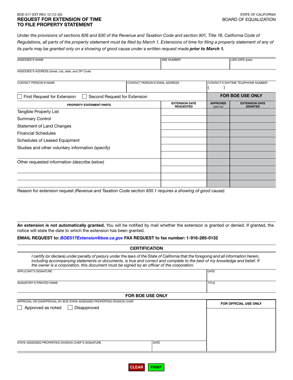 Form BOE-517-EXT Request for Extension of Time to File Property Statement - California, Page 1