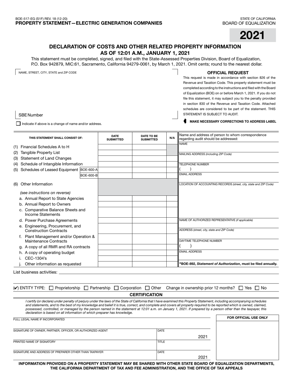 Form BOE-517-EG Property Statement - Electric Generation Companies - California, Page 1