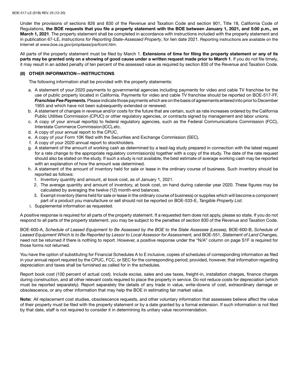 Form BOE-517-LE Property Statement - Local Exchange Telephone Companies - California, Page 2