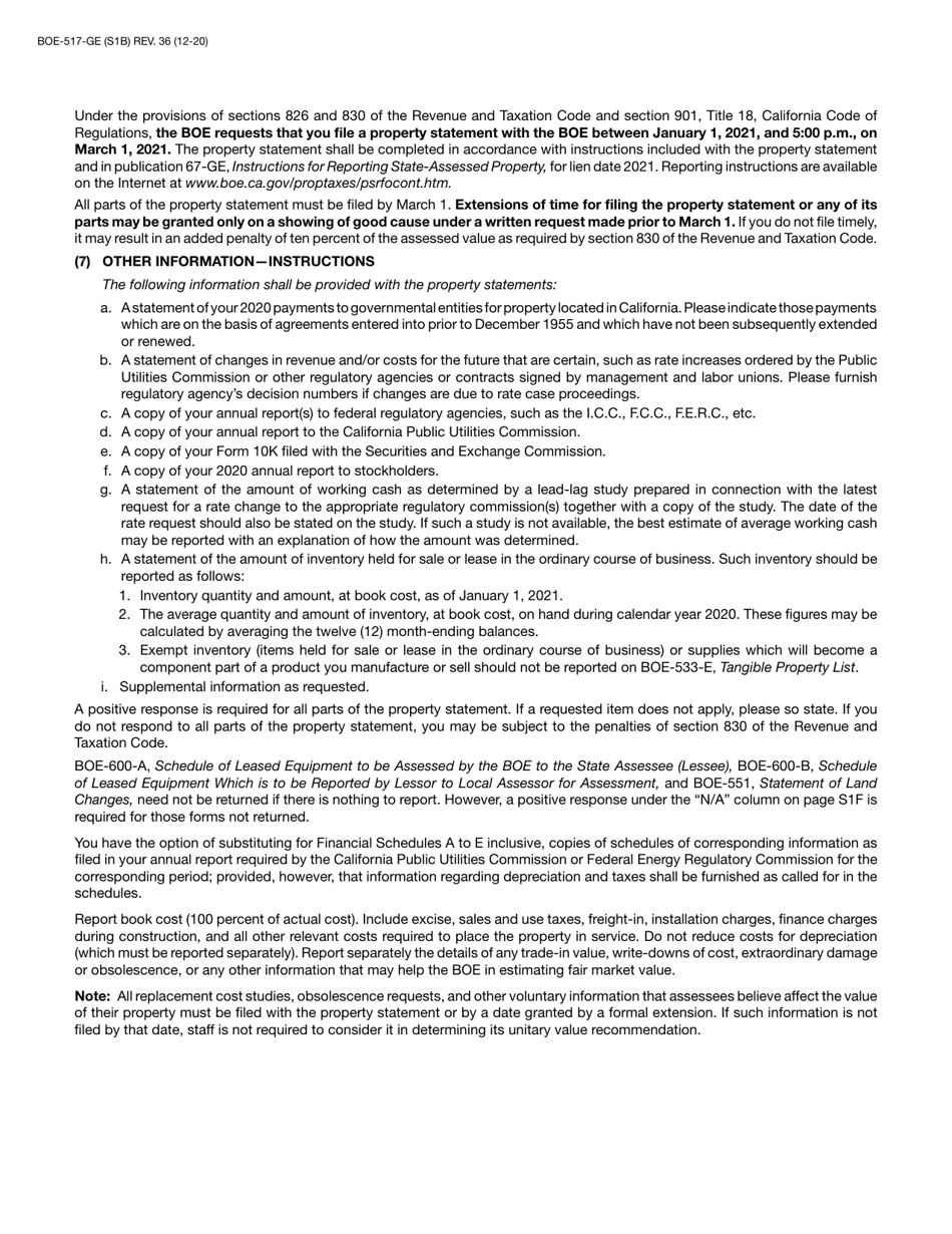 Form BOE-517-GE Property Statement - Gas and / or Electric Companies - California, Page 2