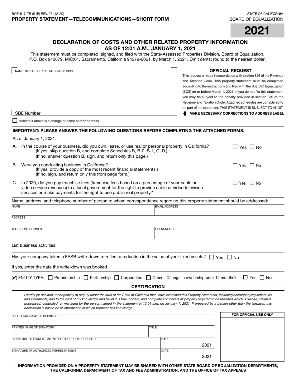 Form BOE-517-TR Property Statement -telecommunications - Short Form - California, Page 1