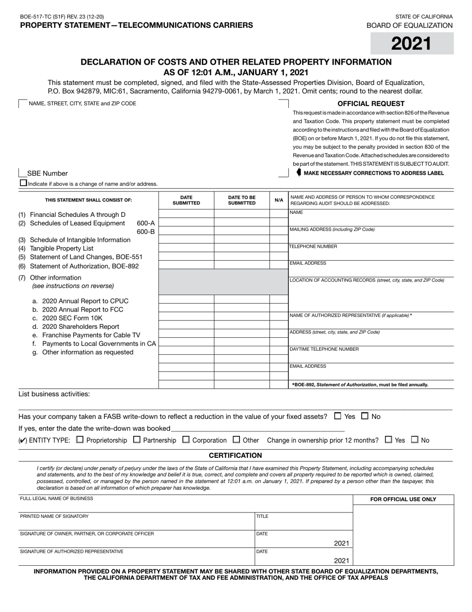 Form BOE-517-TC Property Statement - Telecommunications Carriers - California, Page 1