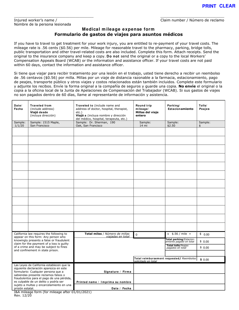 California Medical Mileage Expense Form Download Fillable PDF