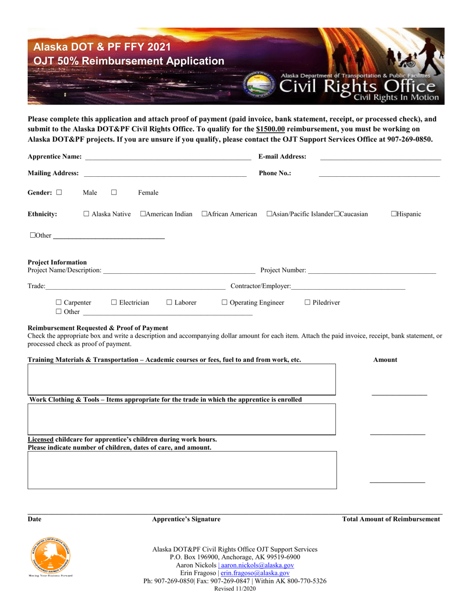 Ojt 50% Reimbursement Application - Alaska, Page 1