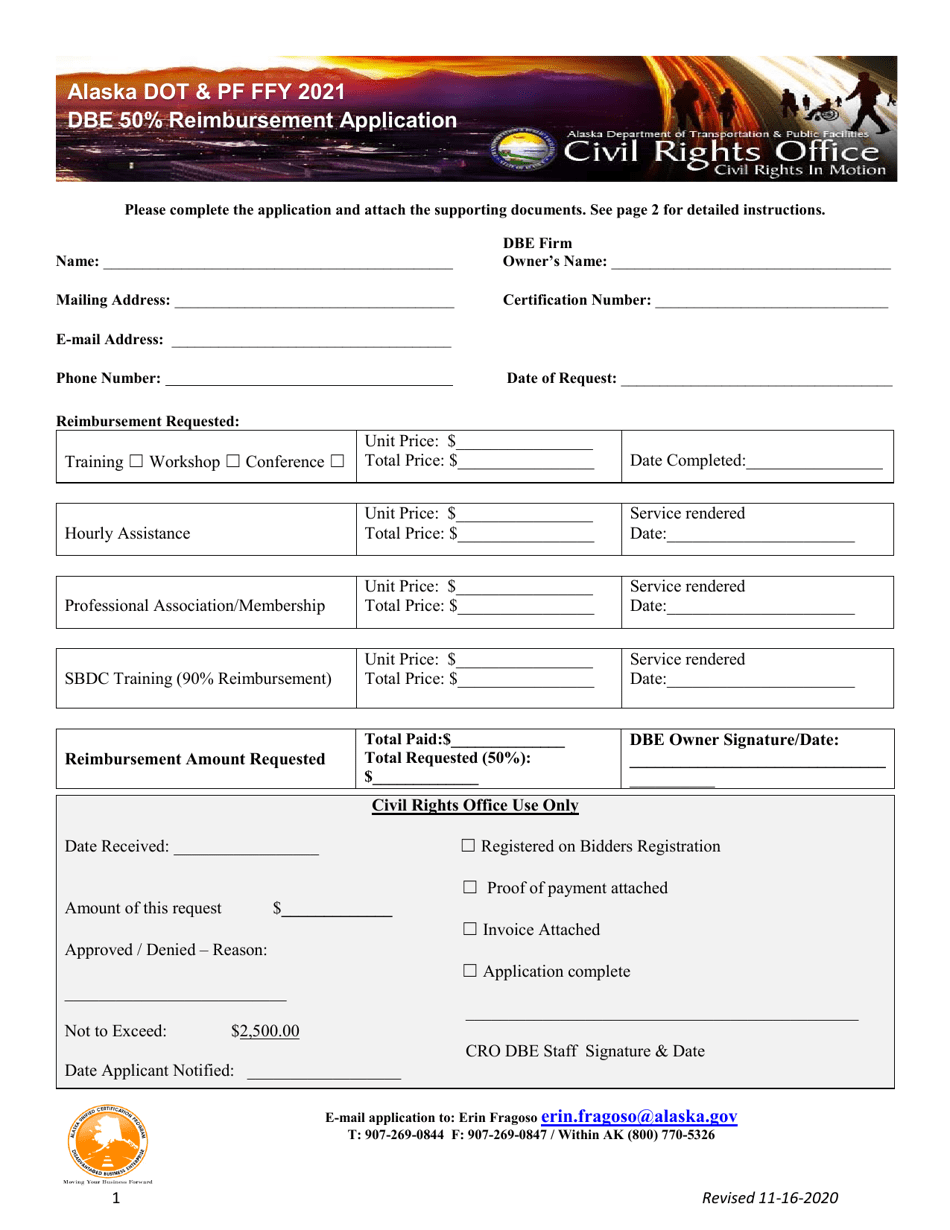 Dbe 50% Reimbursement Application - Alaska, Page 1