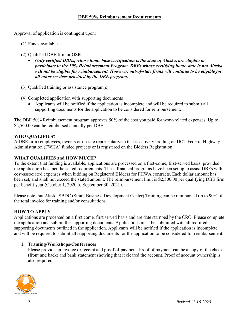 Dbe 50% Reimbursement Application - Alaska, Page 2