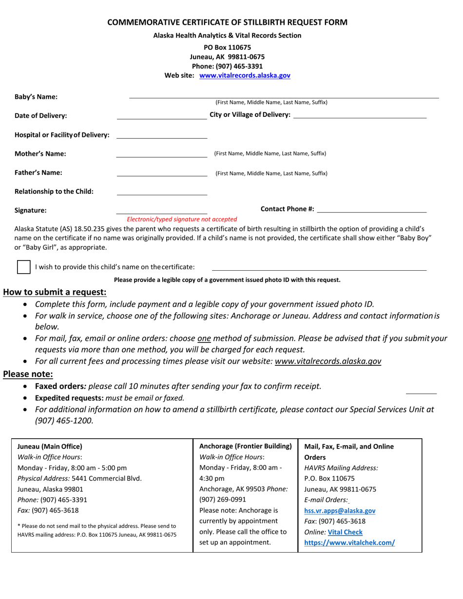 Form VS-8 Commemorative Certificate of Stillbirth Request Form - Alaska, Page 1