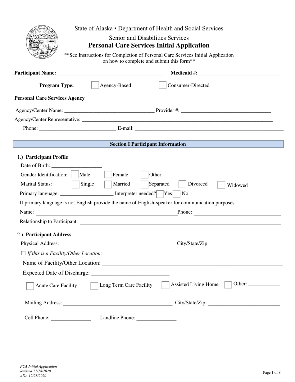 Form PCS-08 Personal Care Services Initial Application - Alaska, Page 1