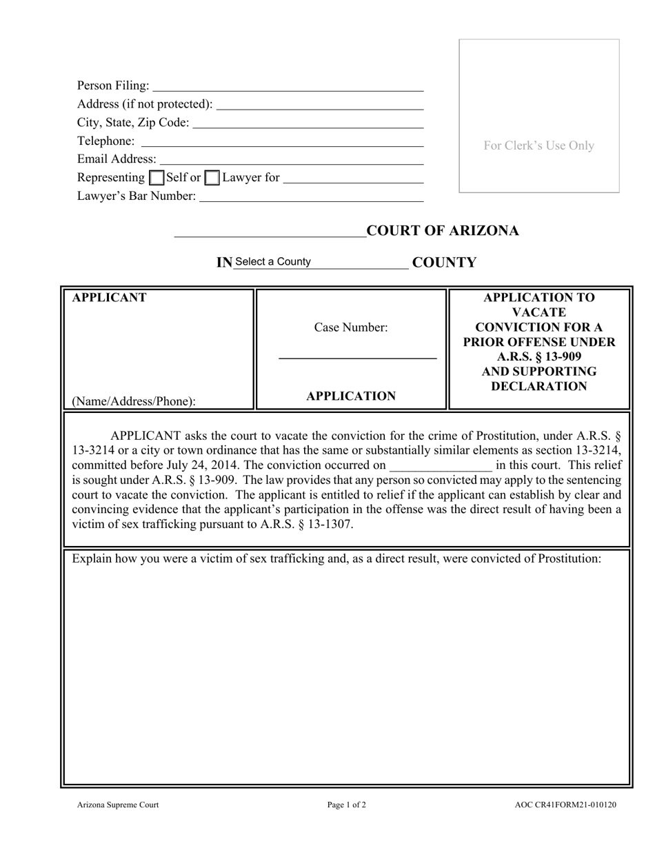 Form AOC CR41 (21) Application to Vacate Conviction for a Prior Offense Under a.r.s. 13-909 and Supporting Declaration - Arizona, Page 1